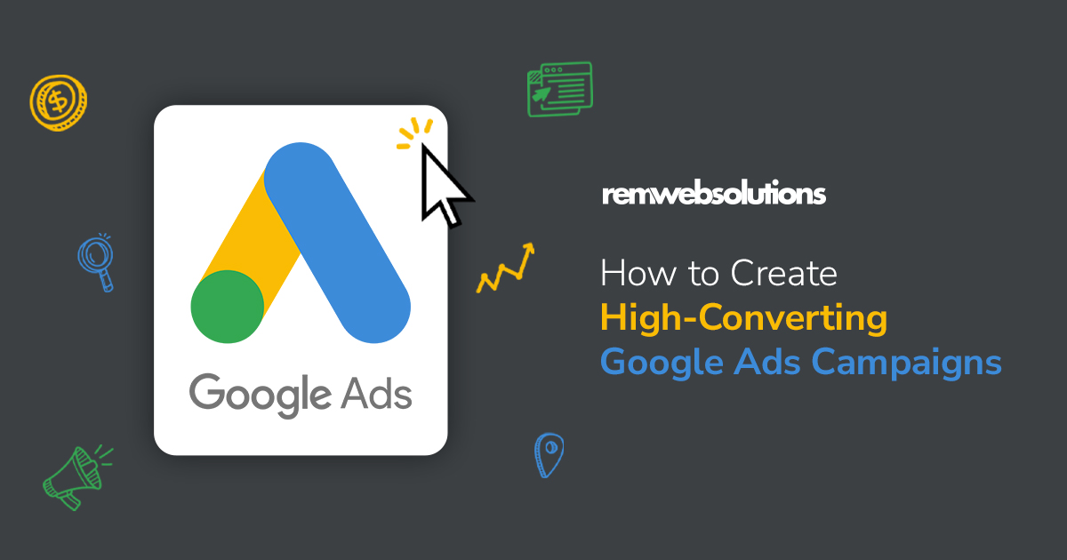 Google Ads logo with associated doodle style icons surrounding it 